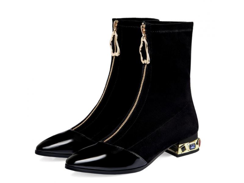 Black Boots Splicing Zipper Rhinestone Square Heel Fashion Elastic Ankle Women Shoes 2023 New Autumn and Winter Black Boots Splicing Zipper Rhinestone Square Heel Fashion Elastic Ankle Women Shoes 2023 New Autumn and Winter