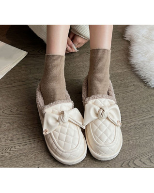 Plus Velvet Keep Warm Bow Flat Indoor Floor Flats 2023 New Fashion Autumn Winter Retro Concise Women's Vulcanize Shoes