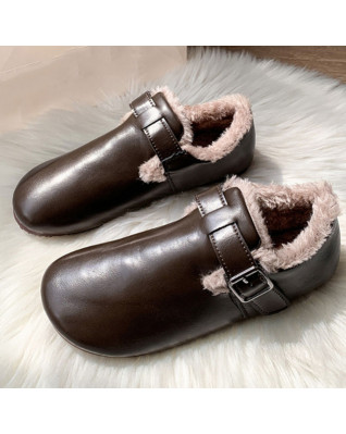 Plus Velvet Keep Warm Shoes for Women Flat Bottom Retro Concise Buckle Strap Leather Mary Janes Shoes 2023 New Fashion Winter