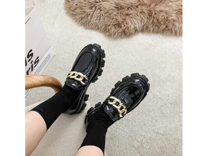 Fashion Gold Color Chain Accessories Patent Leather Platform Shoes for Women Lolita Style Casual All-match High Heels Pumps