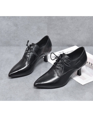 High PumpsPlaid Lace-up Pointed Toe British Style Short Leather Boots Waterproof 2023 New Fashion Spring Autumn